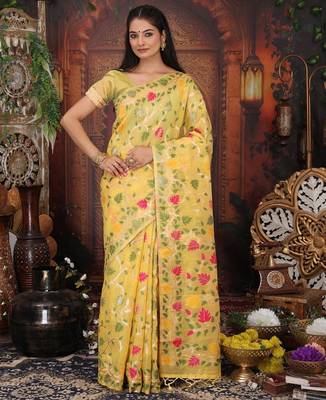Yellow linen printed saree with blouse 3