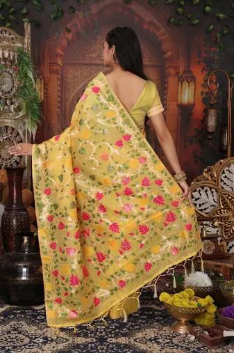 Yellow linen printed saree with blouse