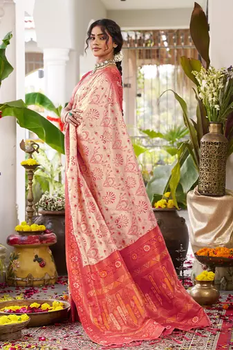 Cream silk woven saree with blouse
