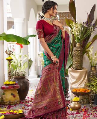 Dark green silk woven saree with blouse 2