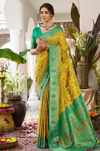 Olive silk woven saree with blouse