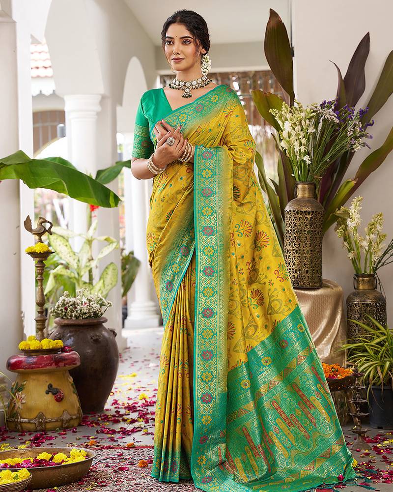 Olive silk woven saree with blouse