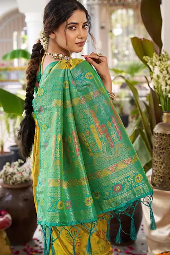 Olive silk woven saree with blouse