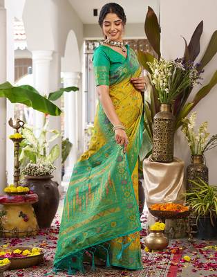 Olive silk woven saree with blouse 4