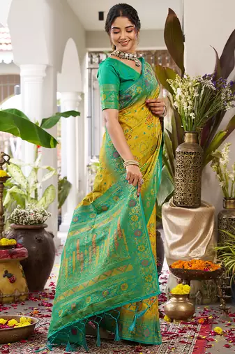 Olive silk woven saree with blouse