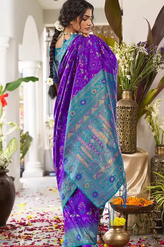 Violet silk woven saree with blouse