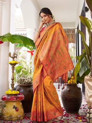 Yellow silk woven saree with blouse 2