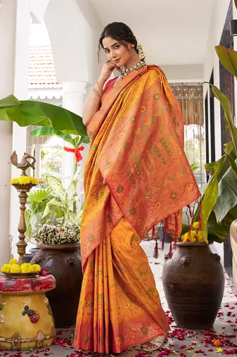 Yellow silk woven saree with blouse