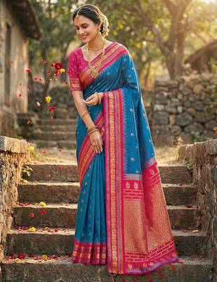 Blue silk woven saree with blouse 1