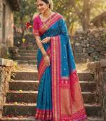 Blue silk woven saree with blouse