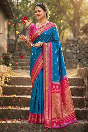 Blue silk woven saree with blouse
