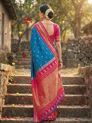 Blue silk woven saree with blouse 4