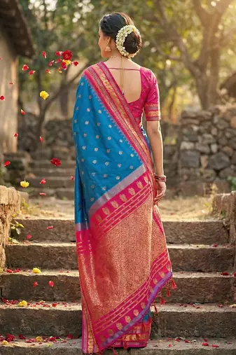 Blue silk woven saree with blouse