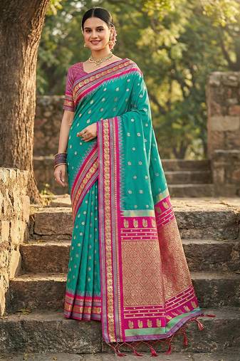 Blue silk woven saree with blouse