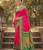 Coral silk woven saree with blouse