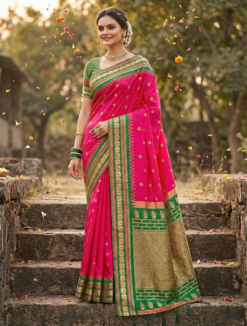 Coral silk woven saree with blouse