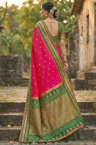 Coral silk woven saree with blouse