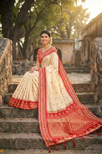Cream silk woven saree with blouse