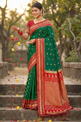 Dark green silk woven saree with blouse