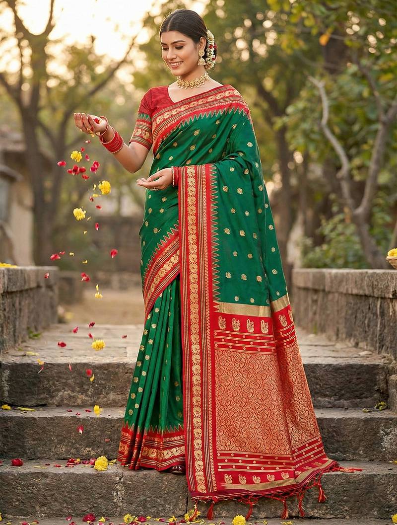 Dark green silk woven saree with blouse