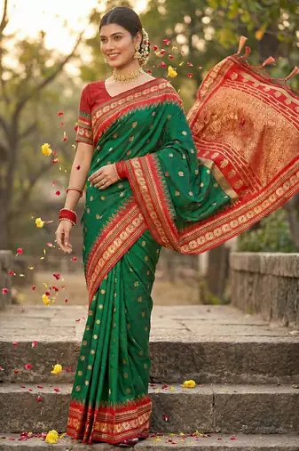 Dark green silk woven saree with blouse