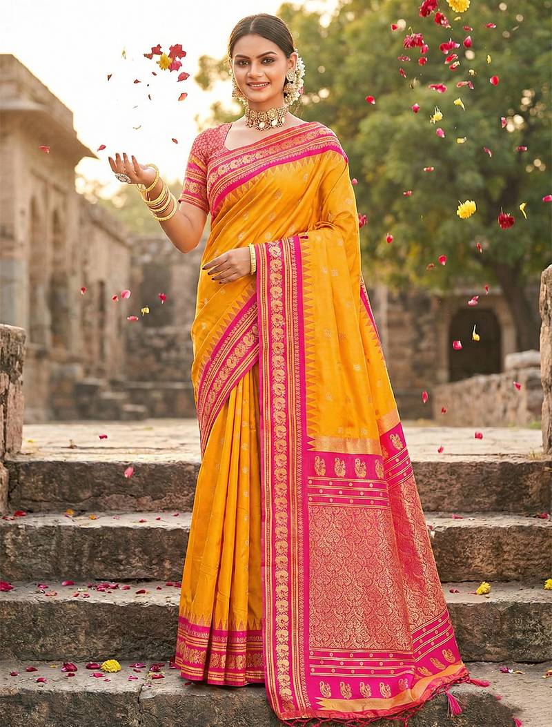 Yellow silk woven saree with blouse