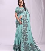 Blue linen printed saree with blouse