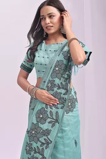 Blue linen printed saree with blouse