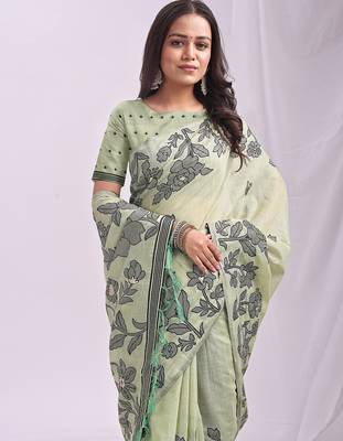 Green linen printed saree with blouse 2