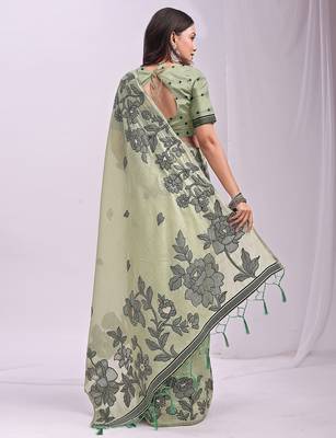 Green linen printed saree with blouse 4