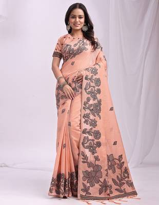 Peach linen printed saree with blouse 1