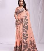 Peach linen printed saree with blouse