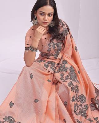 Peach linen printed saree with blouse 2
