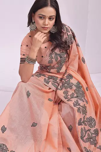 Peach linen printed saree with blouse