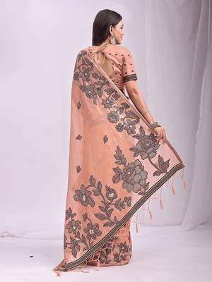 Peach linen printed saree with blouse 4