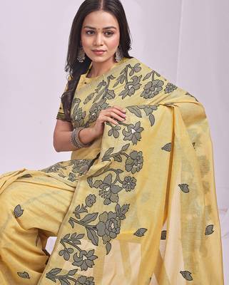 Yellow linen printed saree with blouse 2