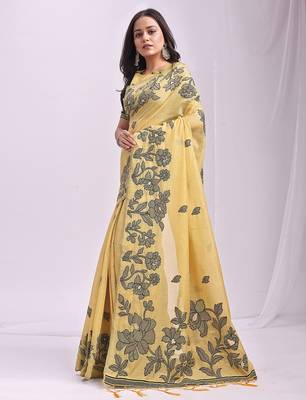 Yellow linen printed saree with blouse 3