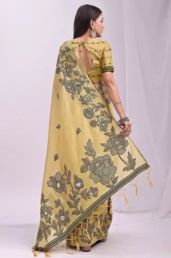 Yellow linen printed saree with blouse