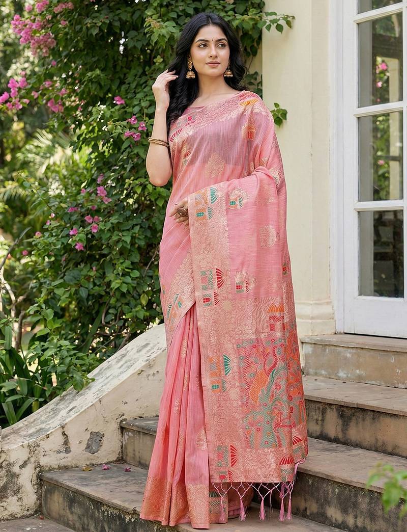 Pink linen woven work saree with blouse