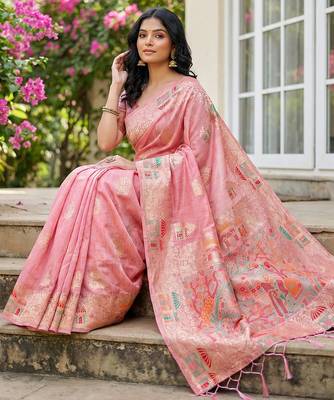 Pink linen woven work saree with blouse 2