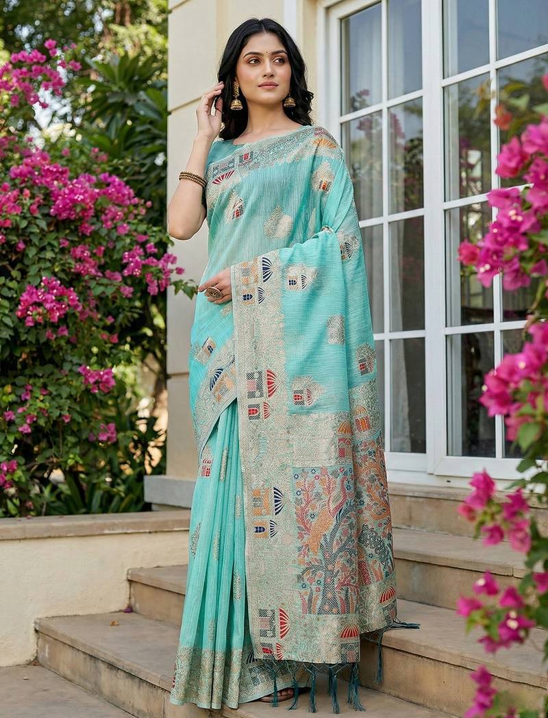Sky blue linen woven work saree with blouse