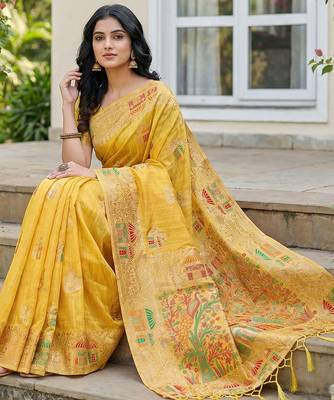 Yellow linen woven work saree with blouse 2