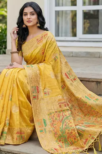 Yellow linen woven work saree with blouse