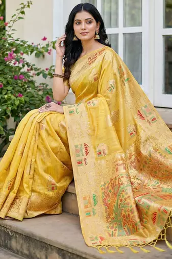 Yellow linen woven work saree with blouse