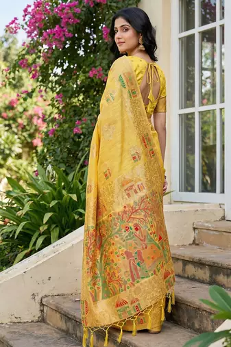 Yellow linen woven work saree with blouse