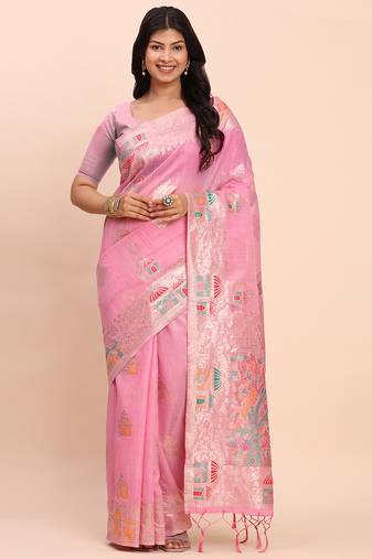 Pink linen woven work saree with blouse