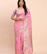 Pink linen woven work saree with blouse