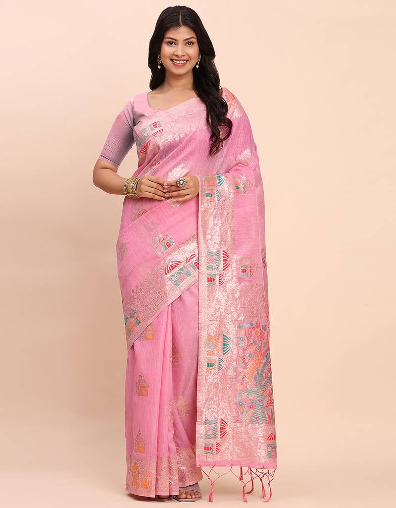 Pink linen woven work saree with blouse