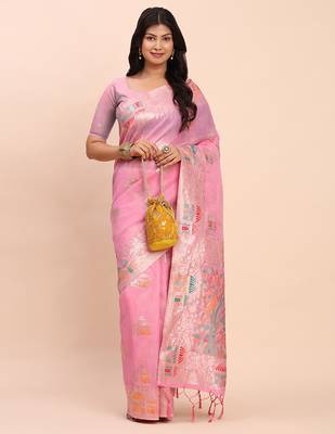 Pink linen woven work saree with blouse 2