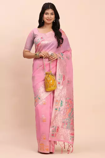 Pink linen woven work saree with blouse